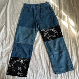 SHEIN Blue Patchwork Wide Leg Jeans with Black Graphic Panels